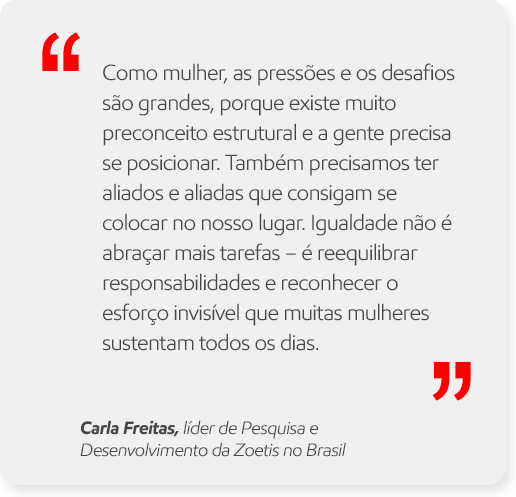Como mulher, as pressões e os desafios são grandes, porque existe muito preconceito estrutural e a gente precisa se posicionar. Também precisamos ter aliados e aliadas que consigam se colocar no nosso lugar. Igualdade não é abraçar mais tarefas – é reequilibrar responsabilidades e reconhecer o esforço invisível que muitas mulheres sustentam todos os dias. Carla Freitas, líder de Pesquisa e Desenvolvimento da Zoetis no Brasil