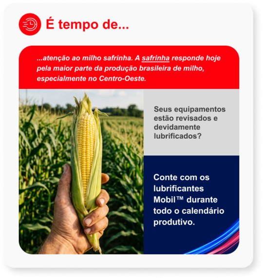 ...atenção ao milho safrinha. A safrinha responde hoje pela maior parte da produção brasileira de milho, especialmente no Centro-Oeste. Seus equipamentos estão revisados e devidamente lubrificados? Conte com os lubrificantes Mobil™ durante todo o calendário produtivo.